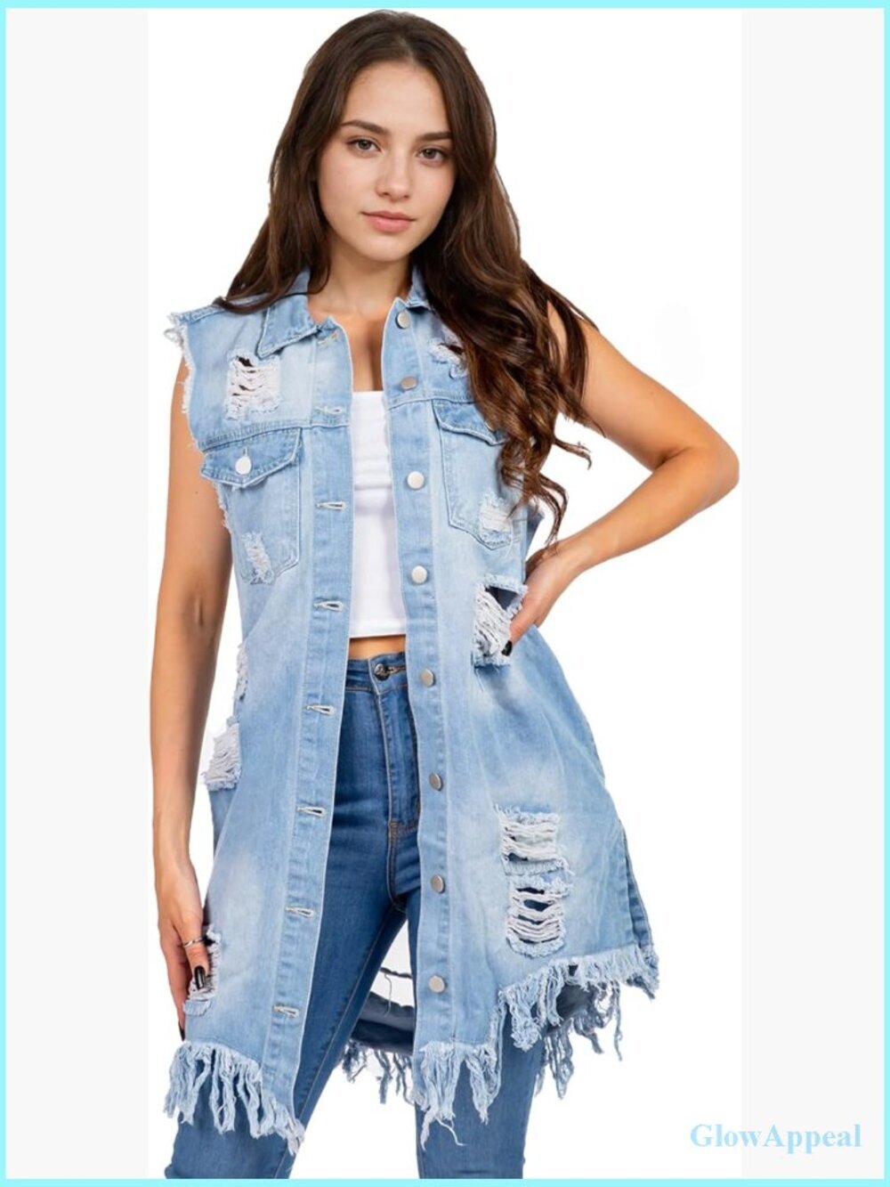 Distressed Ripped Sleeveless Mid Long Denim Jacket Jean Vest Cardigan Coats
